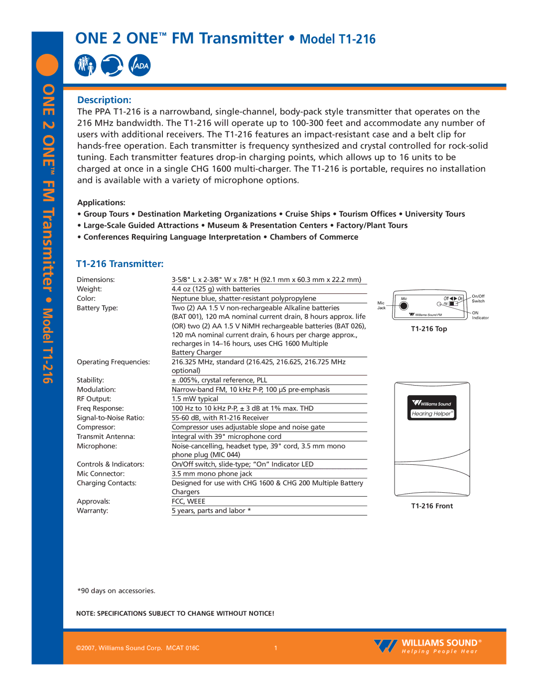 Williams Sound specifications Description, T1-216 Transmitter 