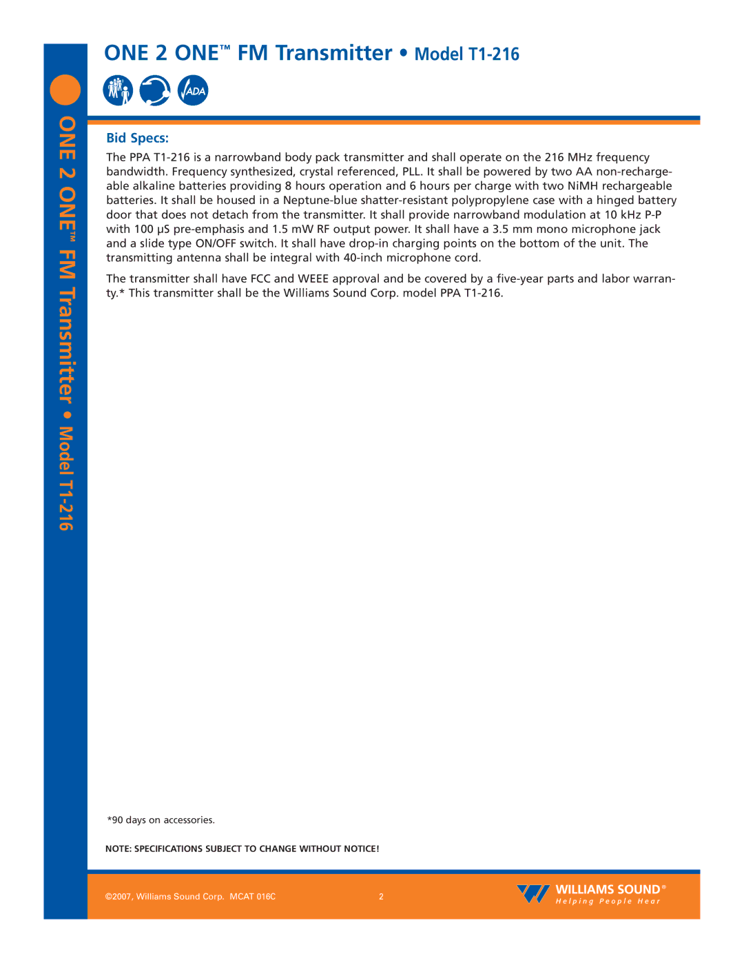 Williams Sound specifications ONE 2 ONE FM Transmitter Model T1-216, Bid Specs 