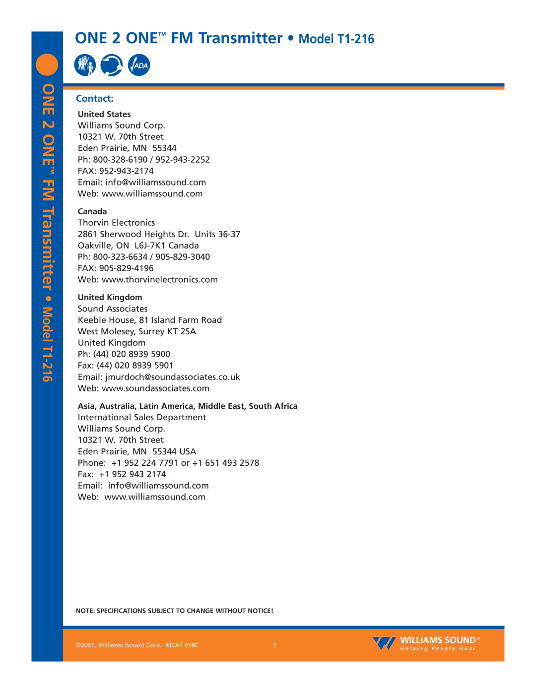 Williams Sound T1-216 specifications Contact, United States, Canada, United Kingdom 