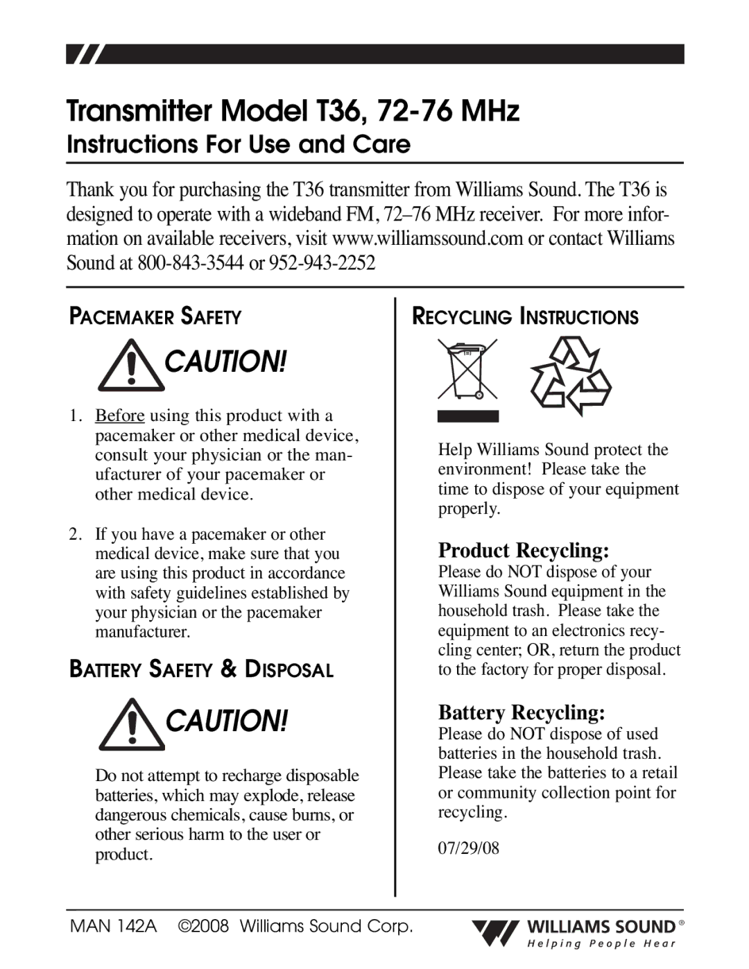 Williams Sound T36 manual Pacemaker Safety, Battery Safety & Disposal, Recycling Instructions 