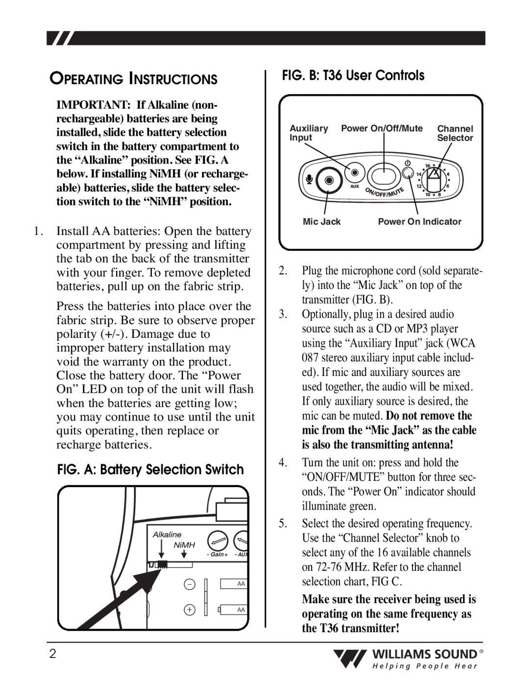 Williams Sound T36 manual FIG. a Battery Selection Switch, Operating Instructions 