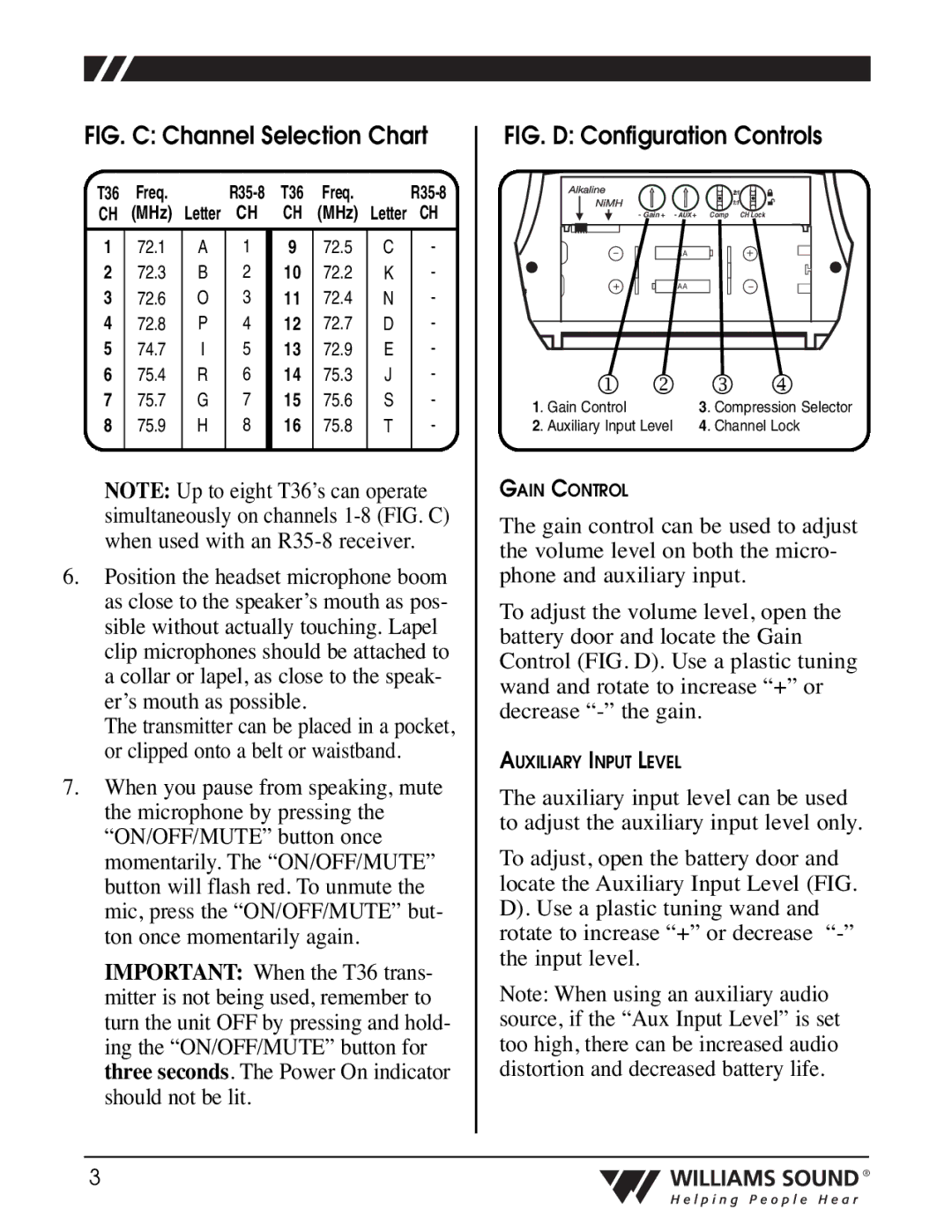 Williams Sound T36 manual FIG. C Channel Selection Chart 