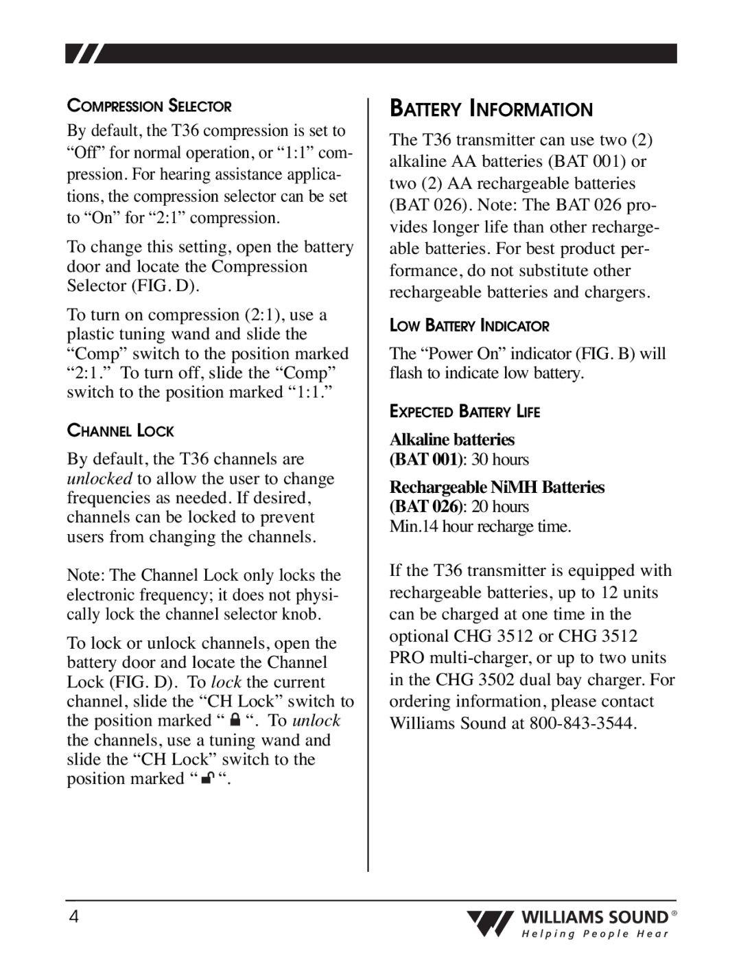 Williams Sound T36 manual Battery Information 