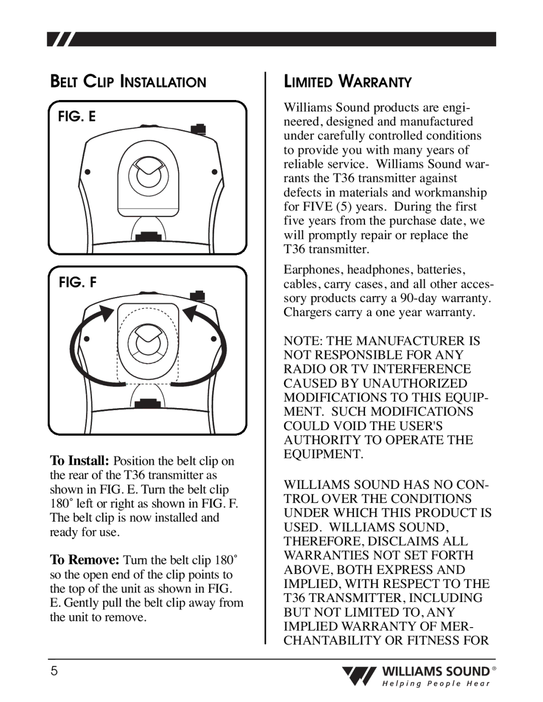 Williams Sound T36 manual Belt Clip Installation, Limited Warranty 