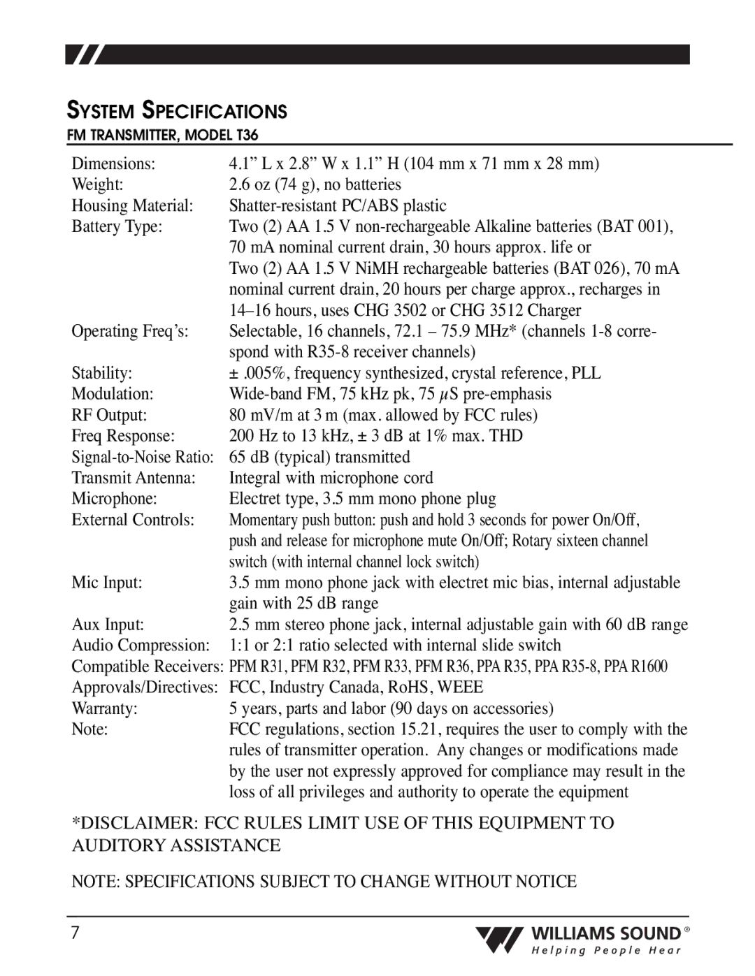 Williams Sound T36 manual System Specifications, MA nominal current drain, 30 hours approx. life or 