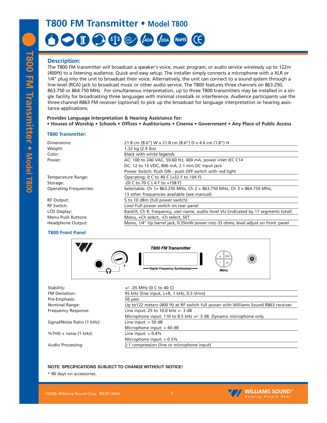 Williams Sound specifications Description, T800 Transmitter, T800 Front Panel 