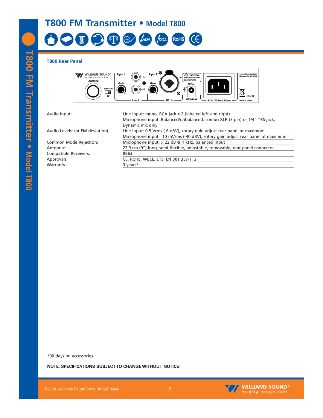 Williams Sound specifications T800 Rear Panel 