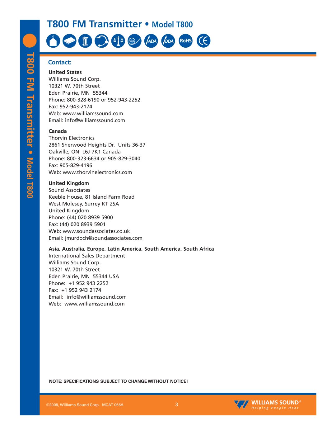 Williams Sound T800 specifications Contact, United States, Canada, United Kingdom 