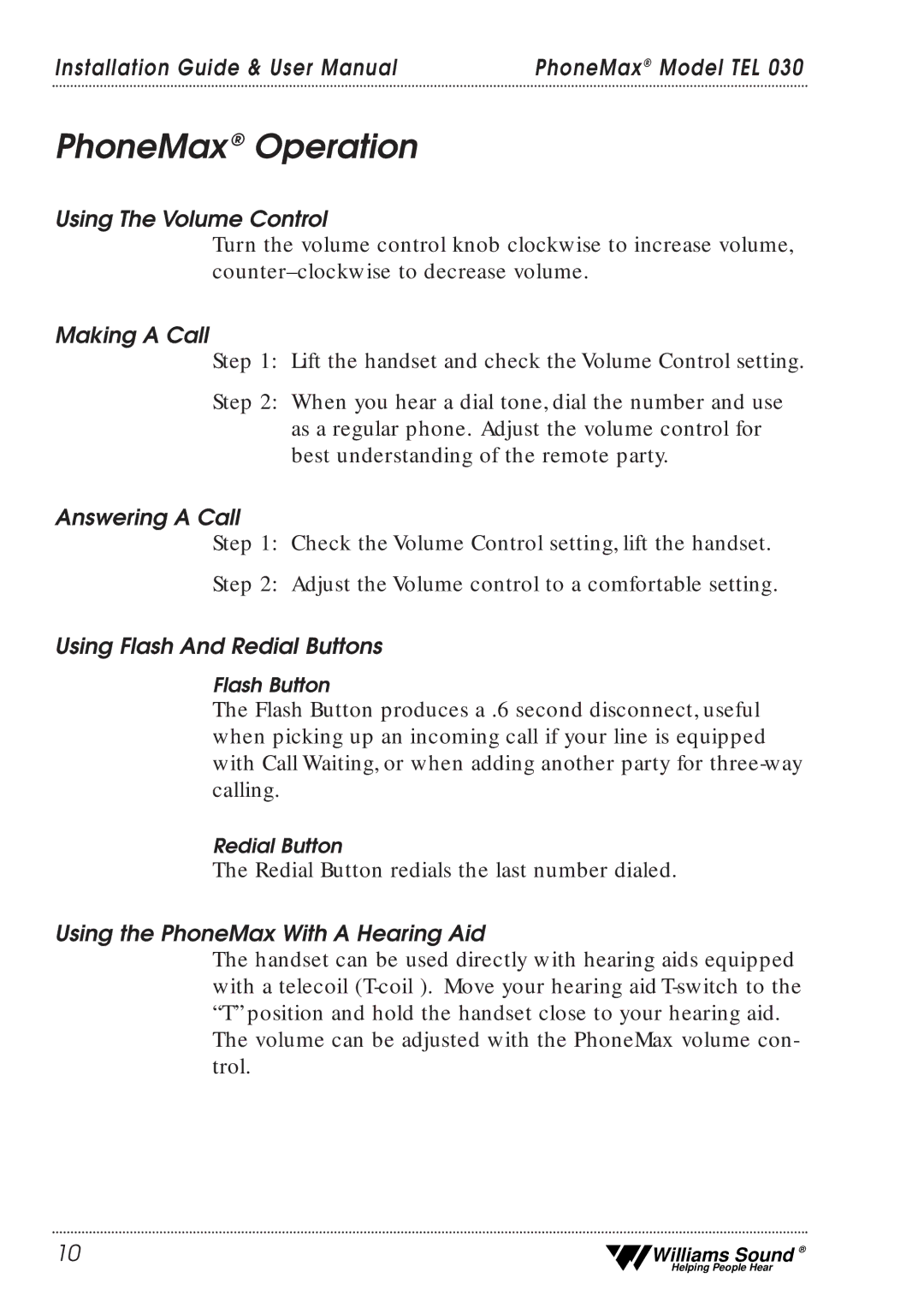 Williams Sound TEL 030 user manual PhoneMax Operation 