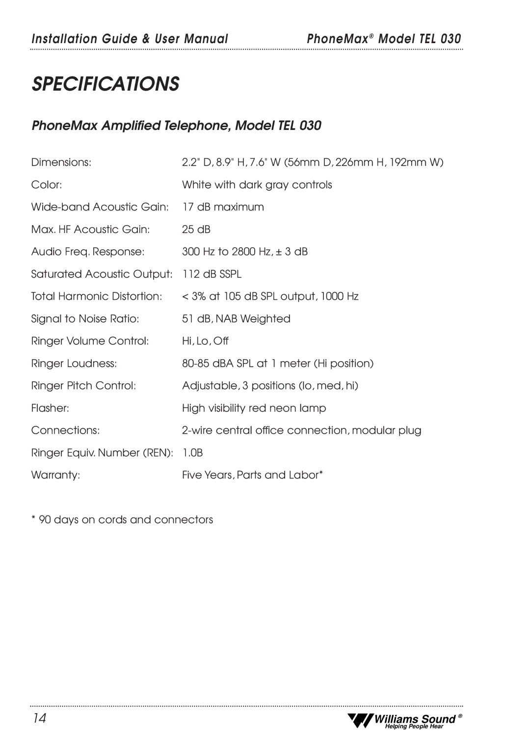 Williams Sound TEL 030 user manual Specifications 