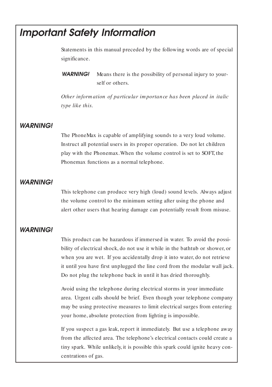 Williams Sound TEL 030 user manual Important Safety Information 