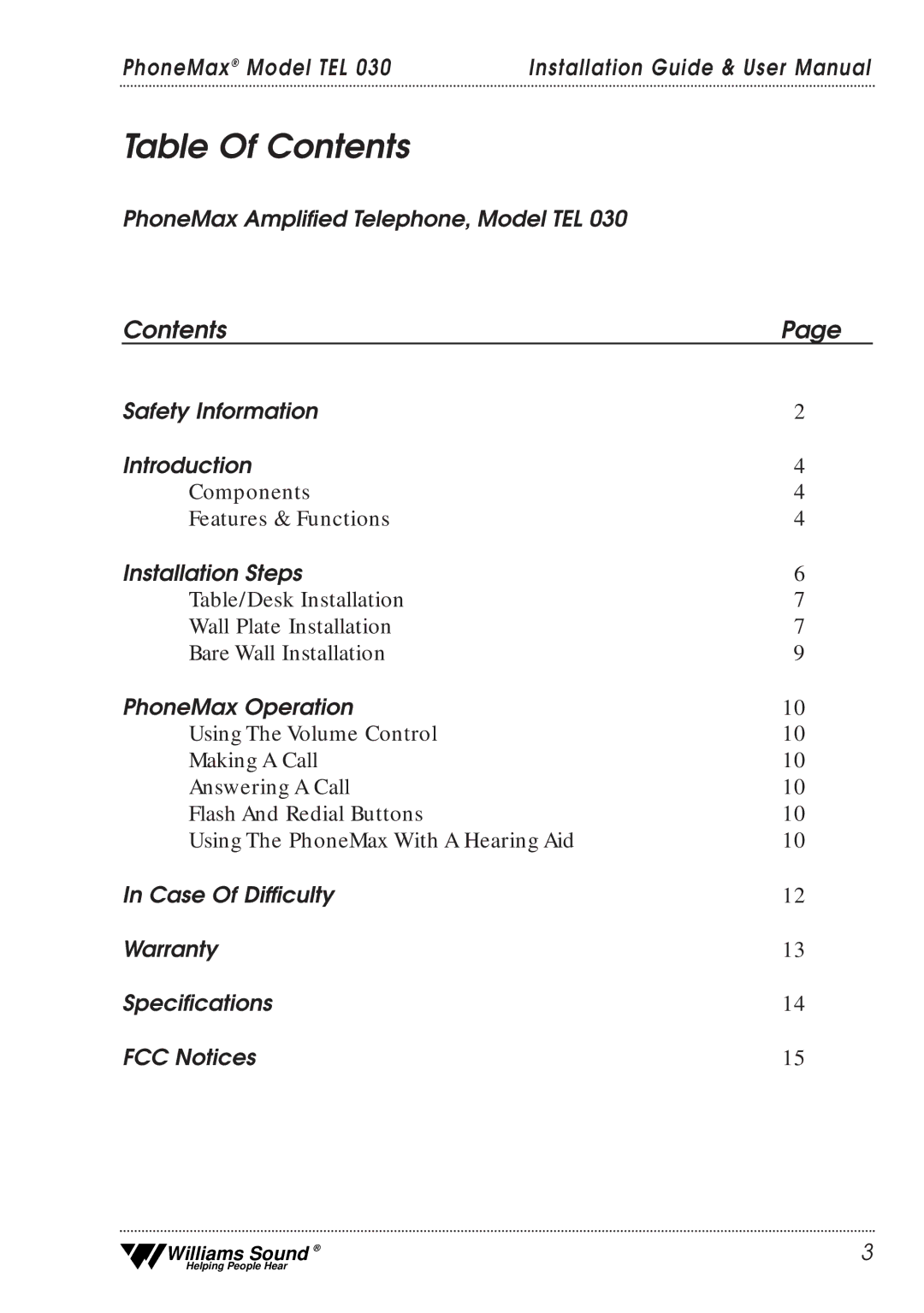 Williams Sound TEL 030 user manual Table Of Contents 