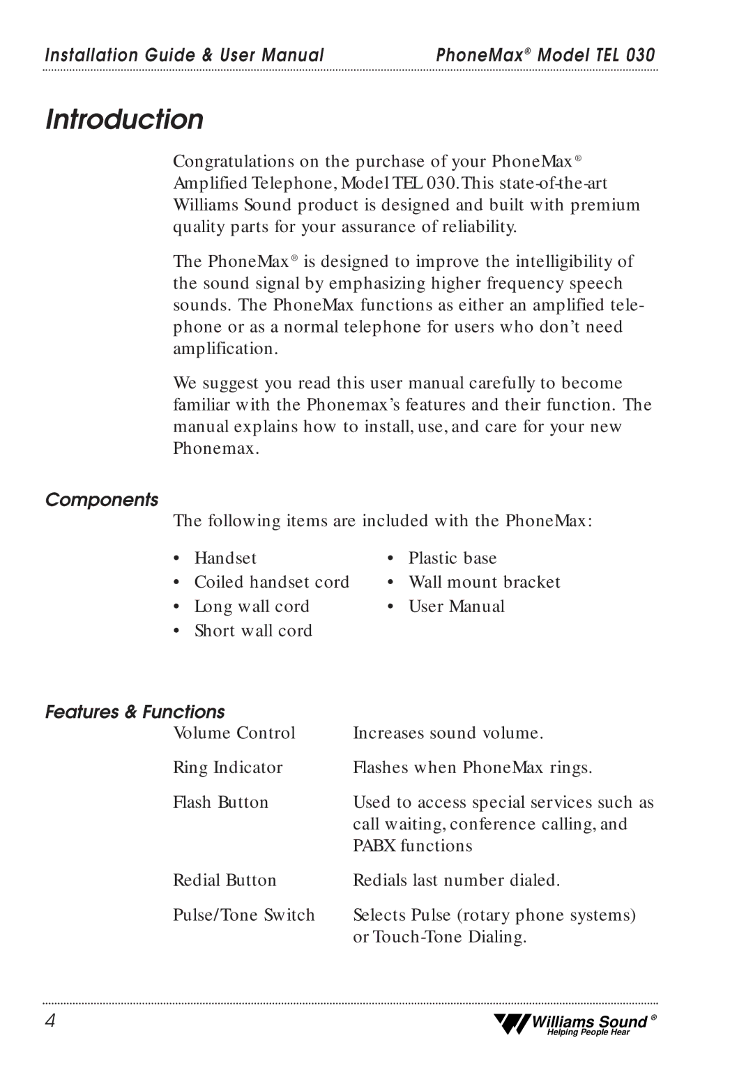 Williams Sound TEL 030 user manual Introduction 