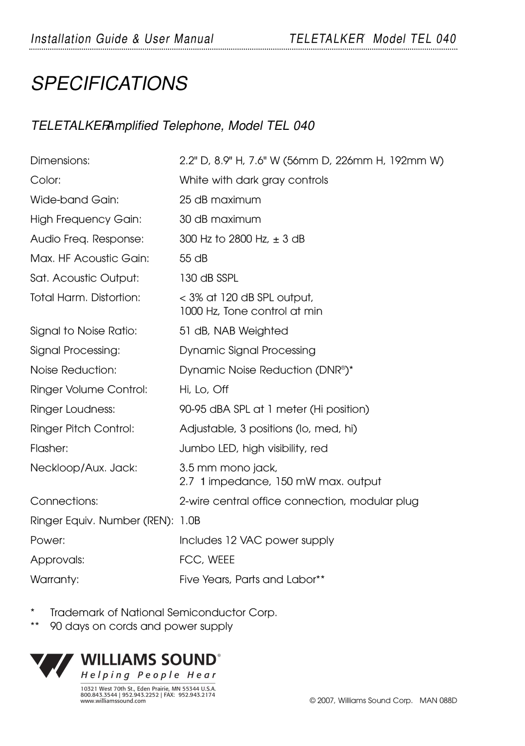 Williams Sound TEL 040 user manual Specifications, Teletalker Amplified Telephone, Model TEL 