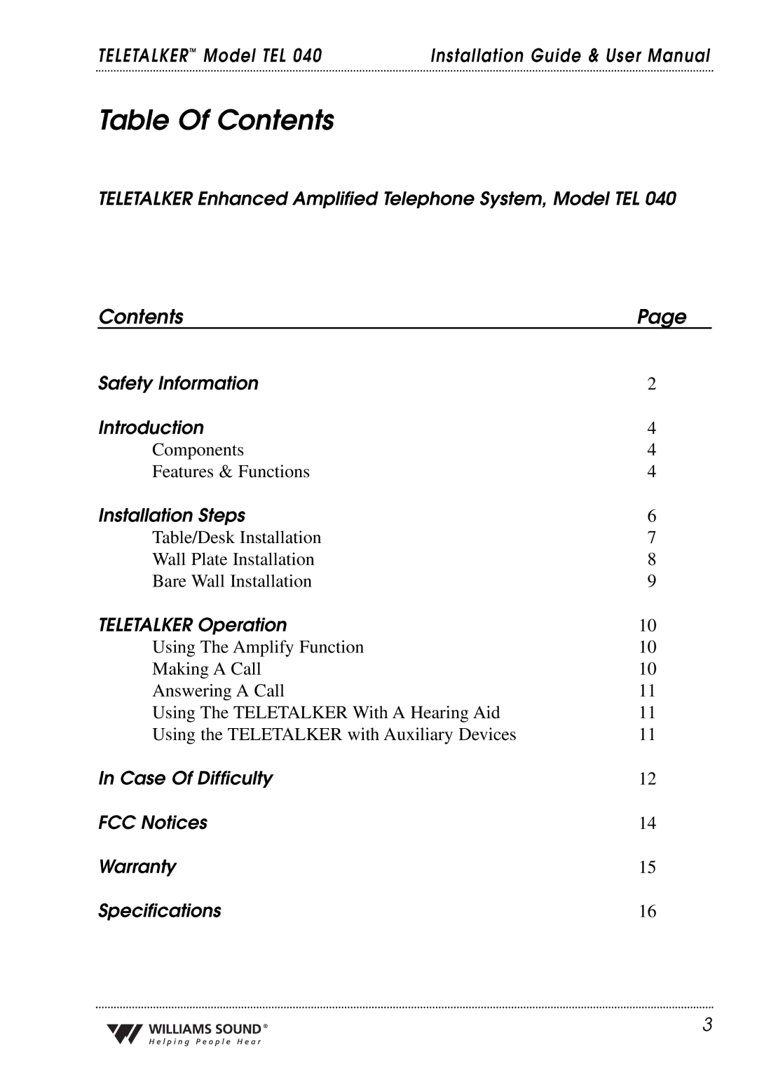 Williams Sound TEL 040 user manual Table Of Contents 