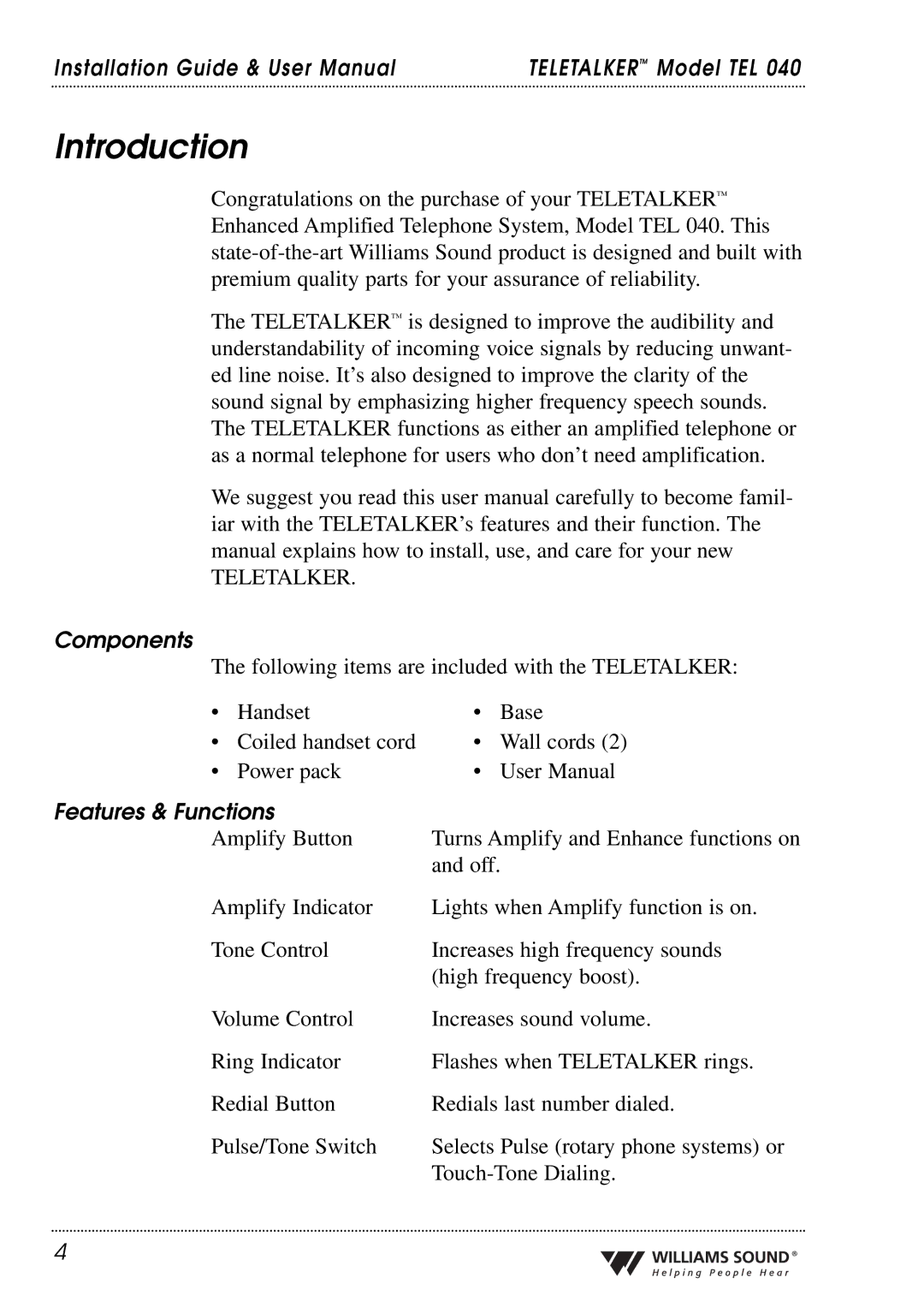 Williams Sound TEL 040 user manual Introduction, Components, Features & Functions 