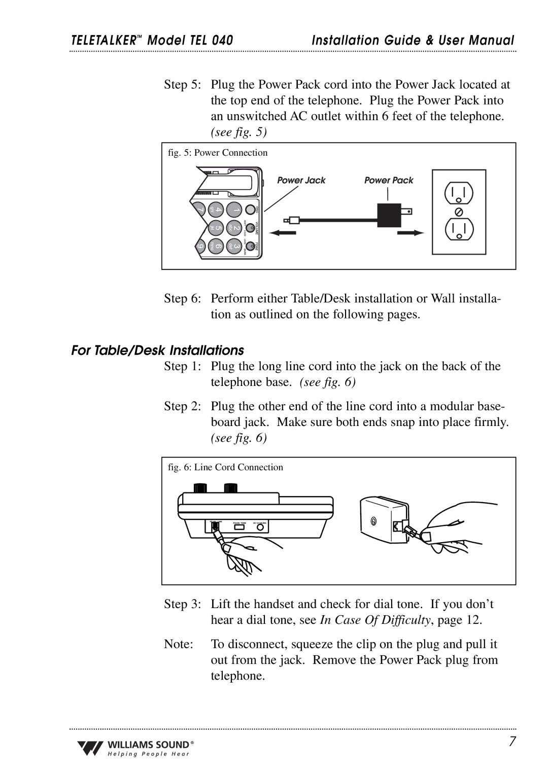 Williams Sound TEL 040 user manual For Table/Desk Installations, Power Connection 