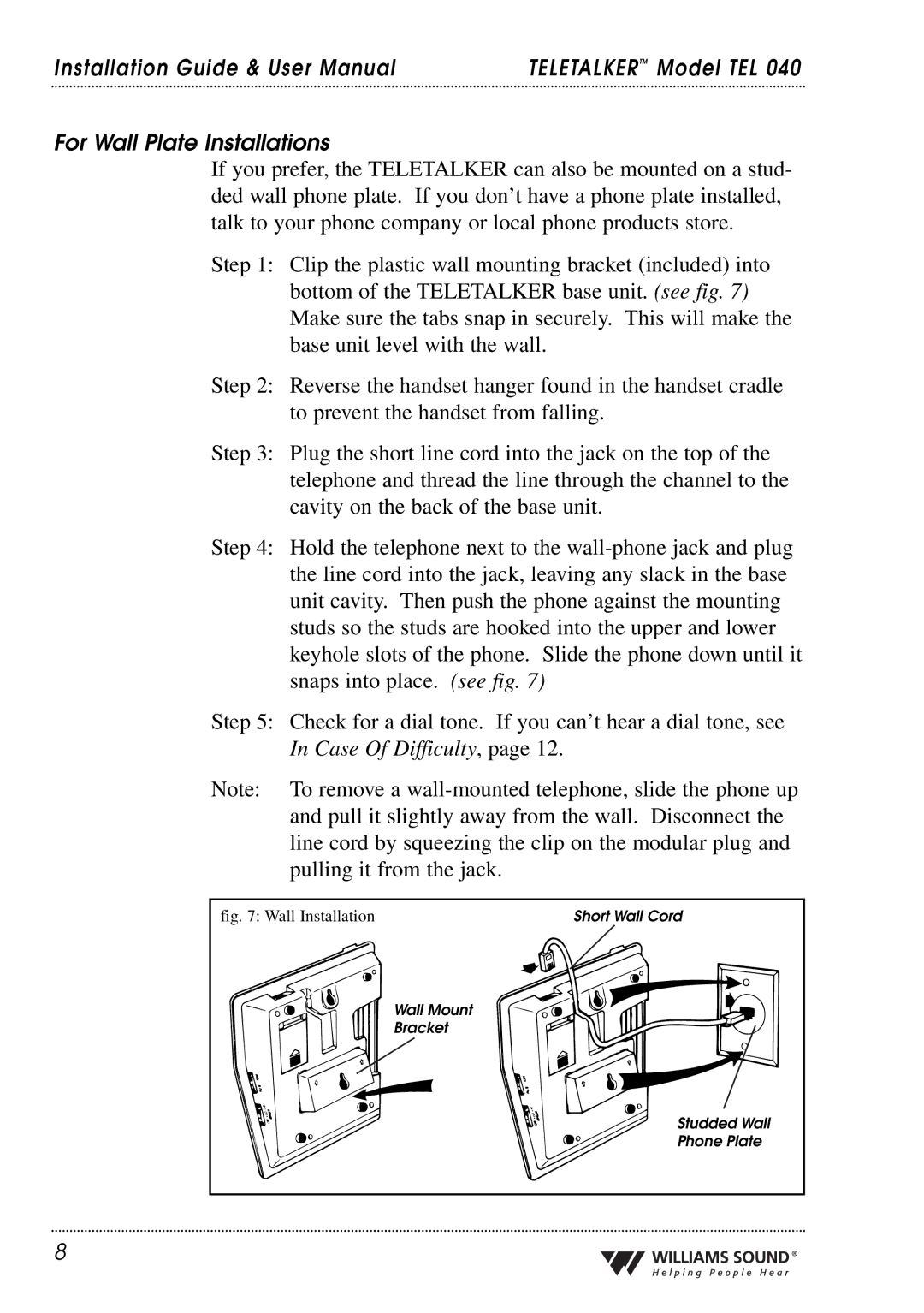 Williams Sound TEL 040 user manual For Wall Plate Installations, Wall Installation 