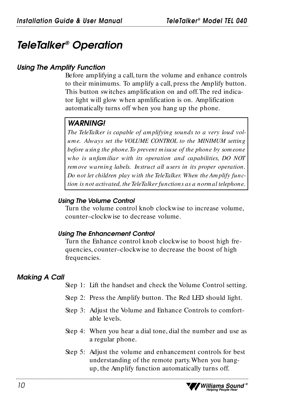 Williams Sound TEL 40 user manual TeleTalker Operation 