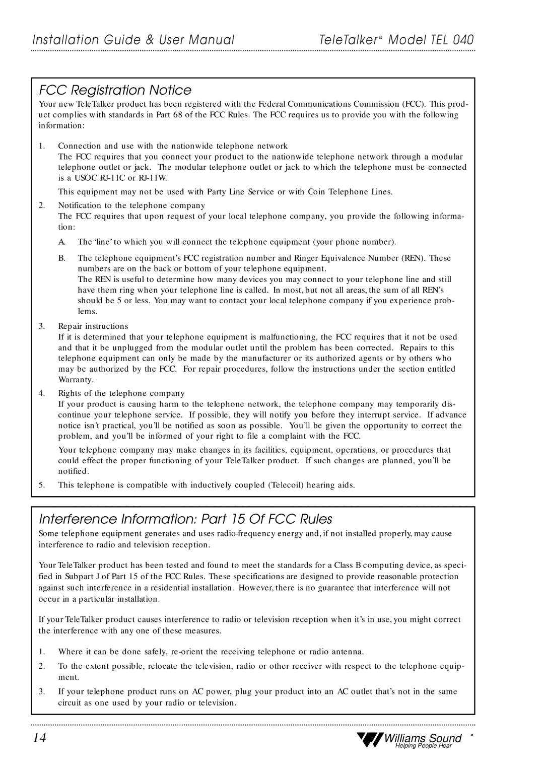 Williams Sound TEL 40 user manual FCC Registration Notice 