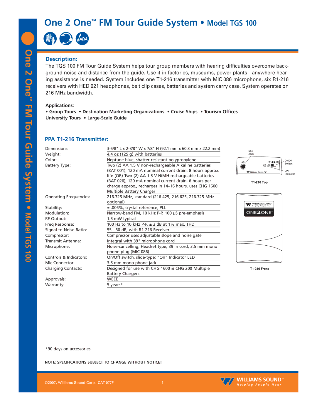 Williams Sound TGS 100 specifications Description, PPA T1-216 Transmitter 