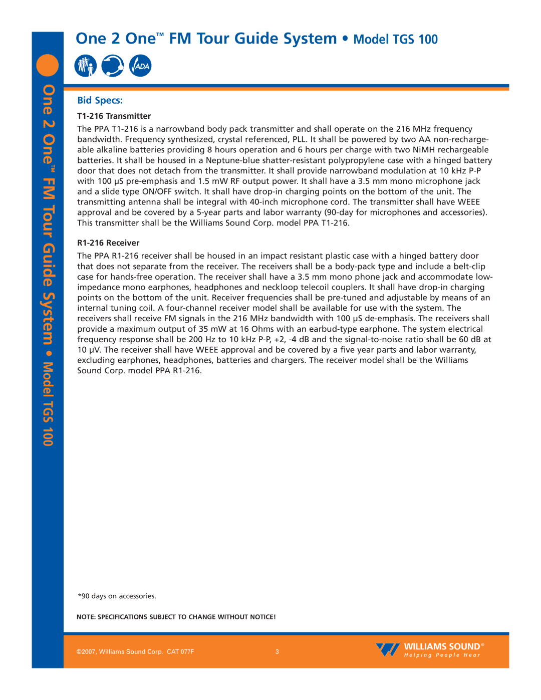 Williams Sound TGS 100 specifications Bid Specs, T1-216 Transmitter, R1-216 Receiver 