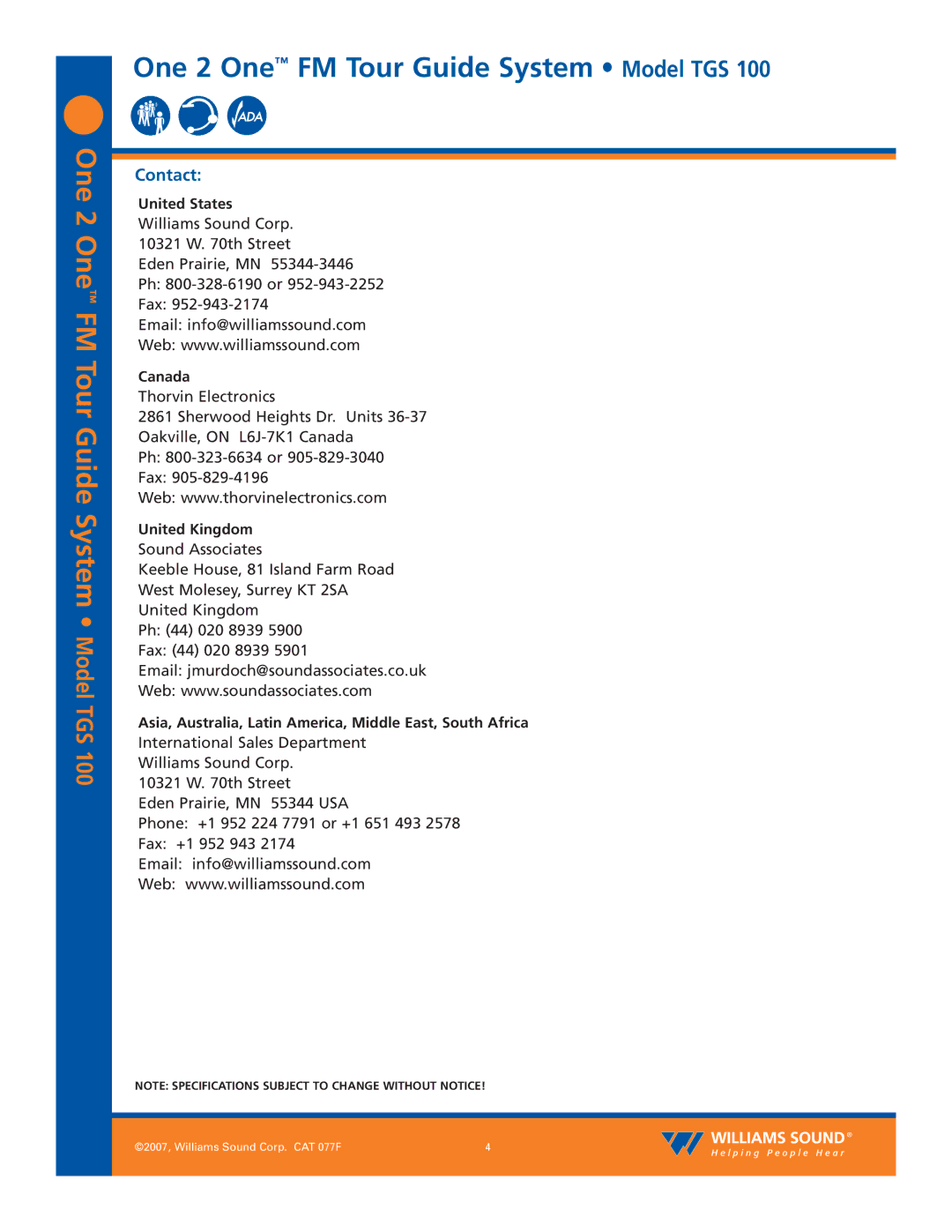 Williams Sound TGS 100 specifications Contact, United States, Canada, United Kingdom 