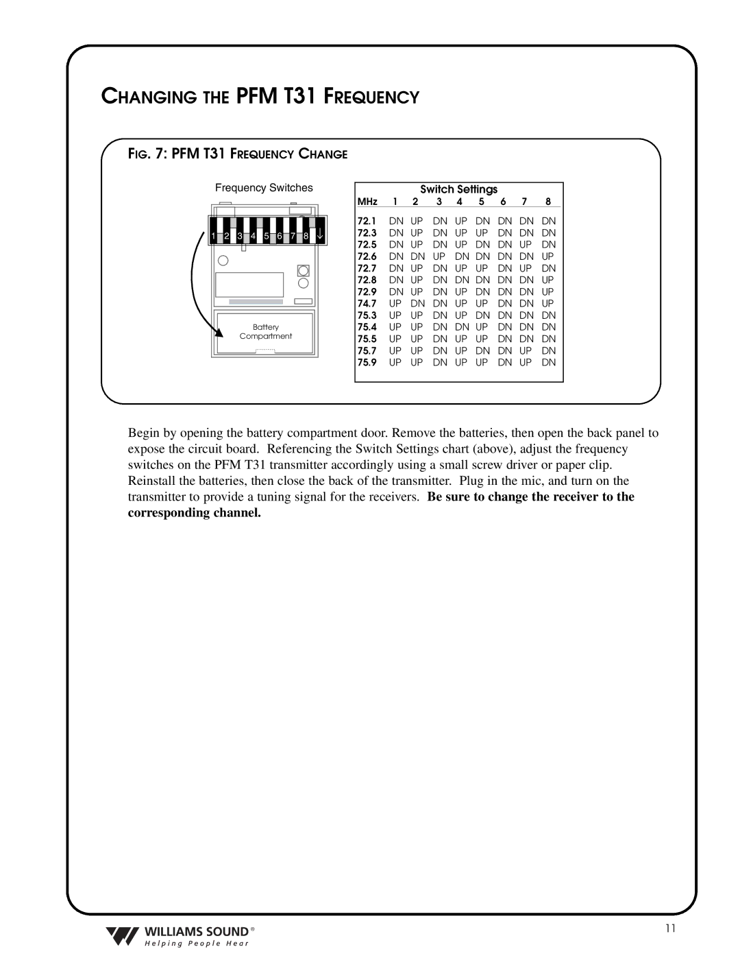 Williams Sound TGS PRO 720 system manual Changing the PFM T31 Frequency, PFM T31 Frequency Change 