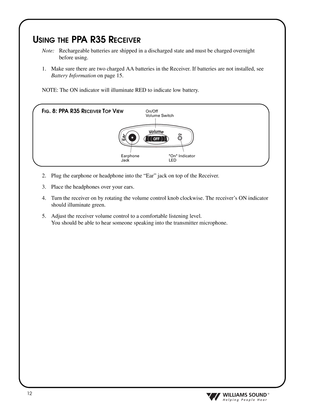 Williams Sound TGS PRO 720 system manual Using the PPA R35 Receiver, IG PPA R35 R Eceiver T OP V IEW 