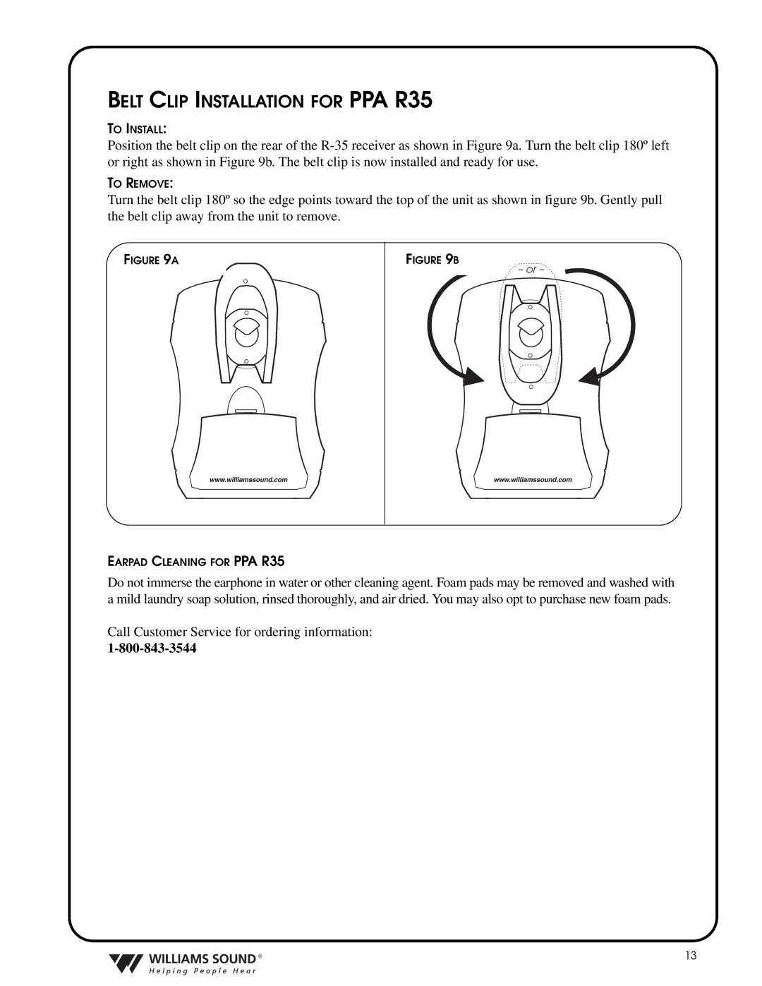 Williams Sound TGS PRO 720 system manual Belt Clip Installation for PPA R35 