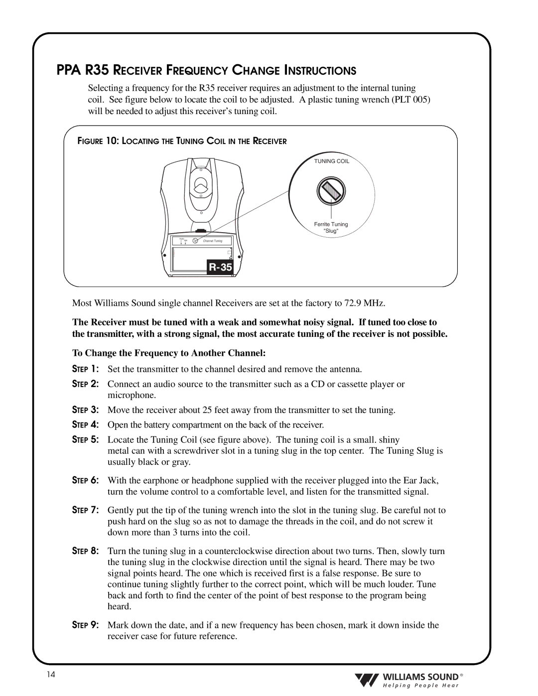 Williams Sound TGS PRO 720 PPA R35 Receiver Frequency Change Instructions, To Change the Frequency to Another Channel 