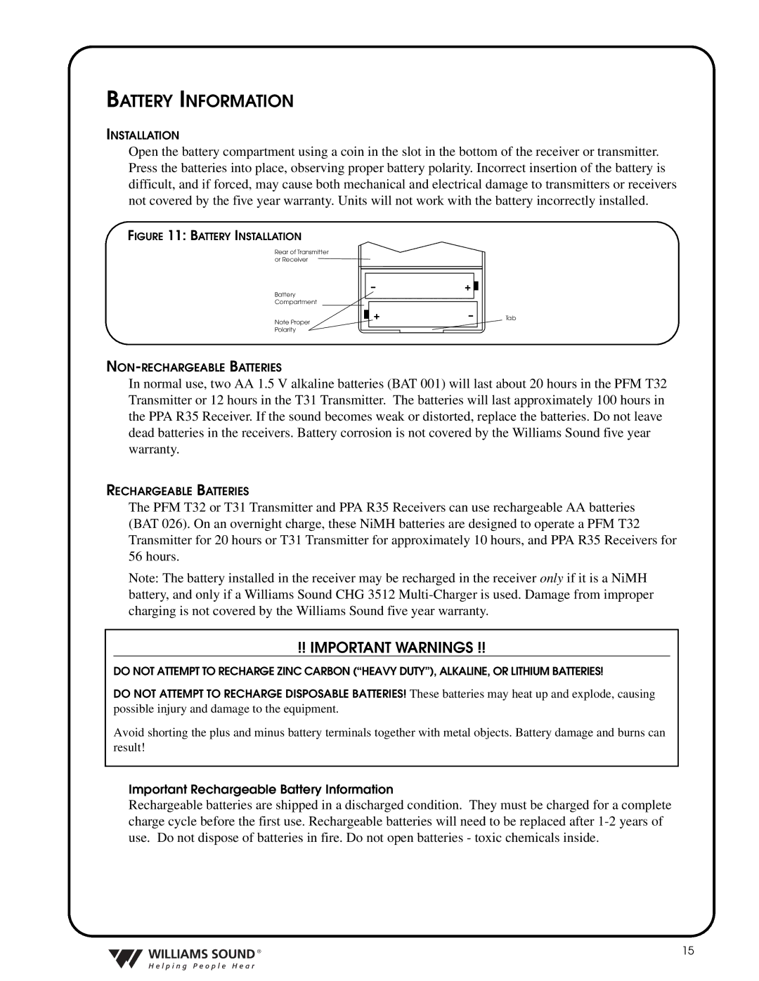 Williams Sound TGS PRO 720 system manual Battery Information, Important Warnings 