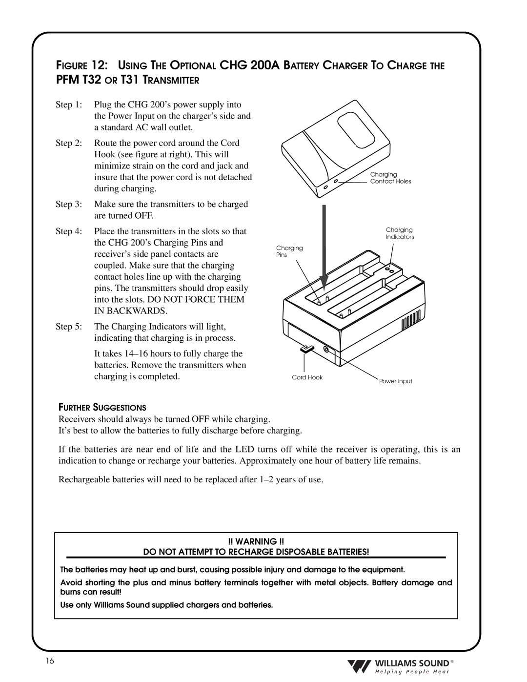 Williams Sound TGS PRO 720 system manual Do not Attempt to Recharge Disposable Batteries 