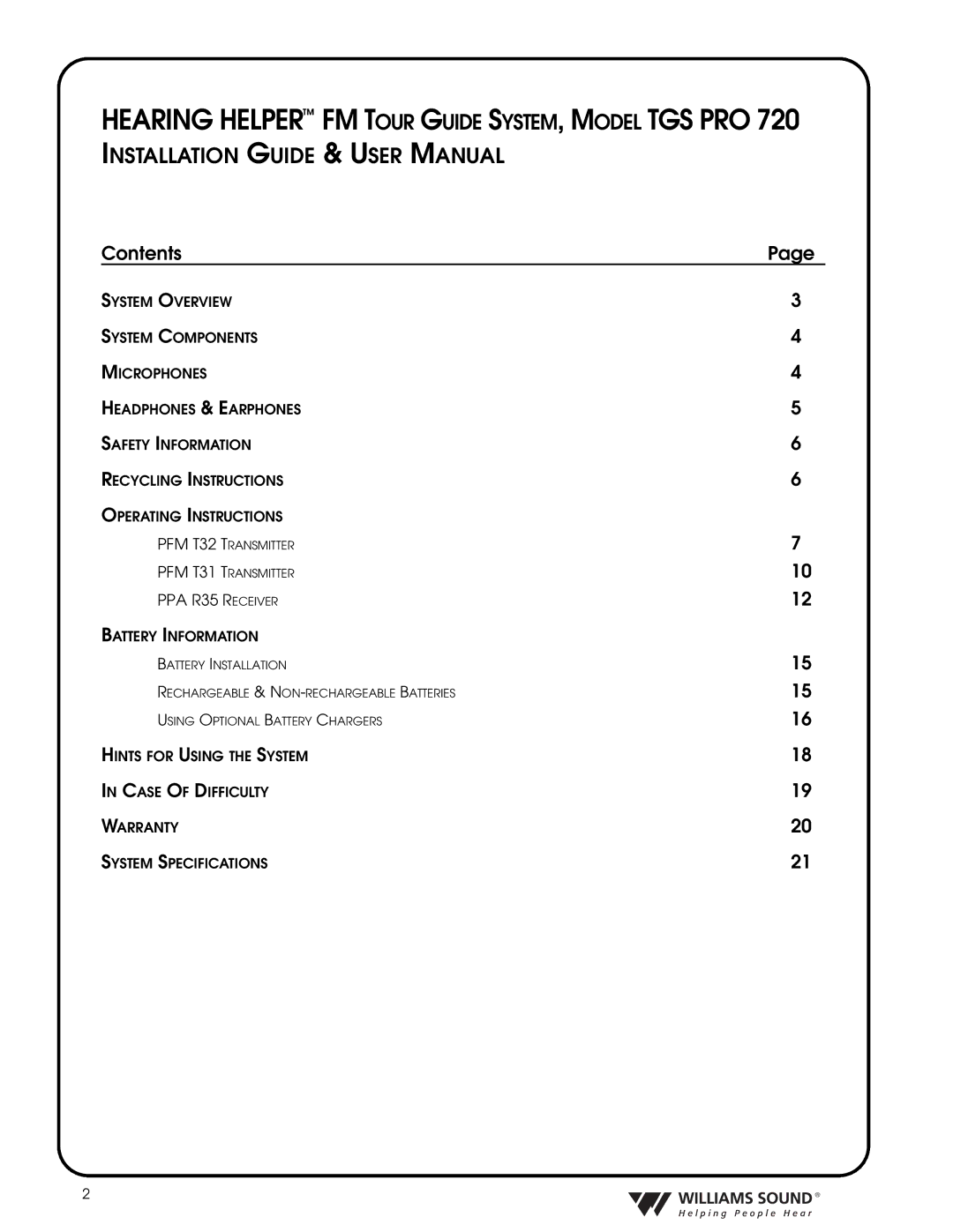 Williams Sound TGS PRO 720 system manual Hearing Helper FM Tour Guide SYSTEM, Model TGS PRO 