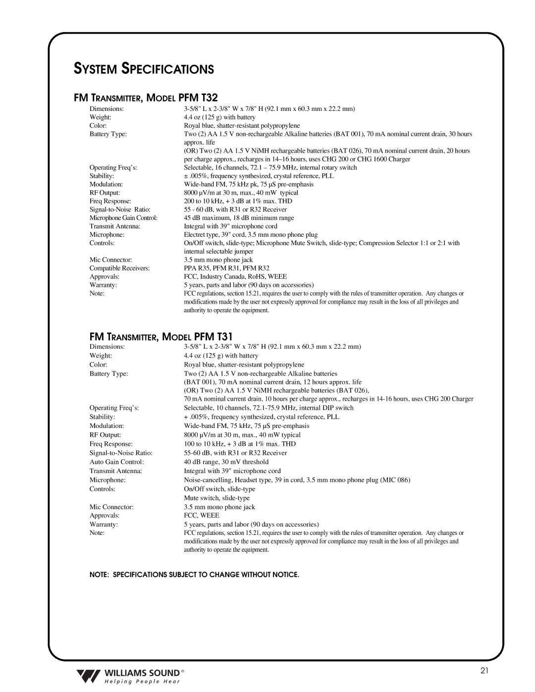 Williams Sound TGS PRO 720 system manual System Specifications, FM TRANSMITTER, Model PFM T32 