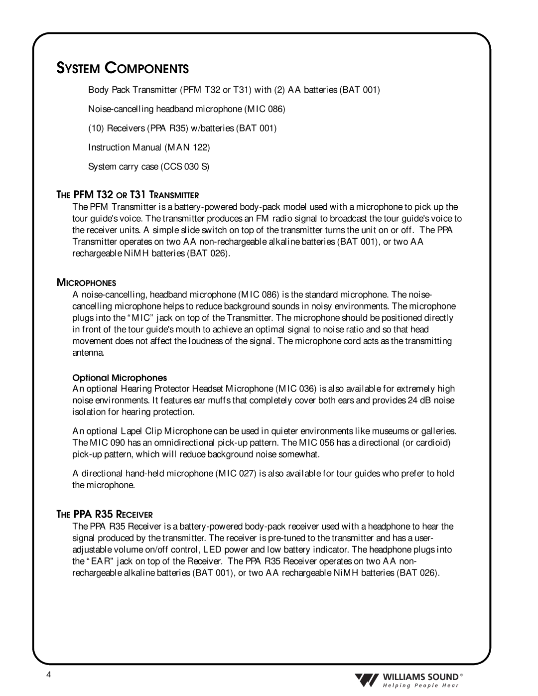 Williams Sound TGS PRO 720 system manual System Components, PPA R35 Receiver 