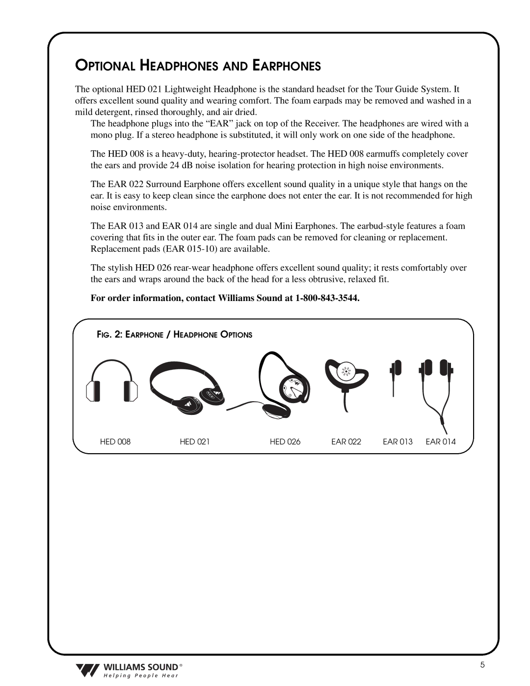 Williams Sound TGS PRO 720 system manual Optional Headphones and Earphones, Earphone / Headphone Options 