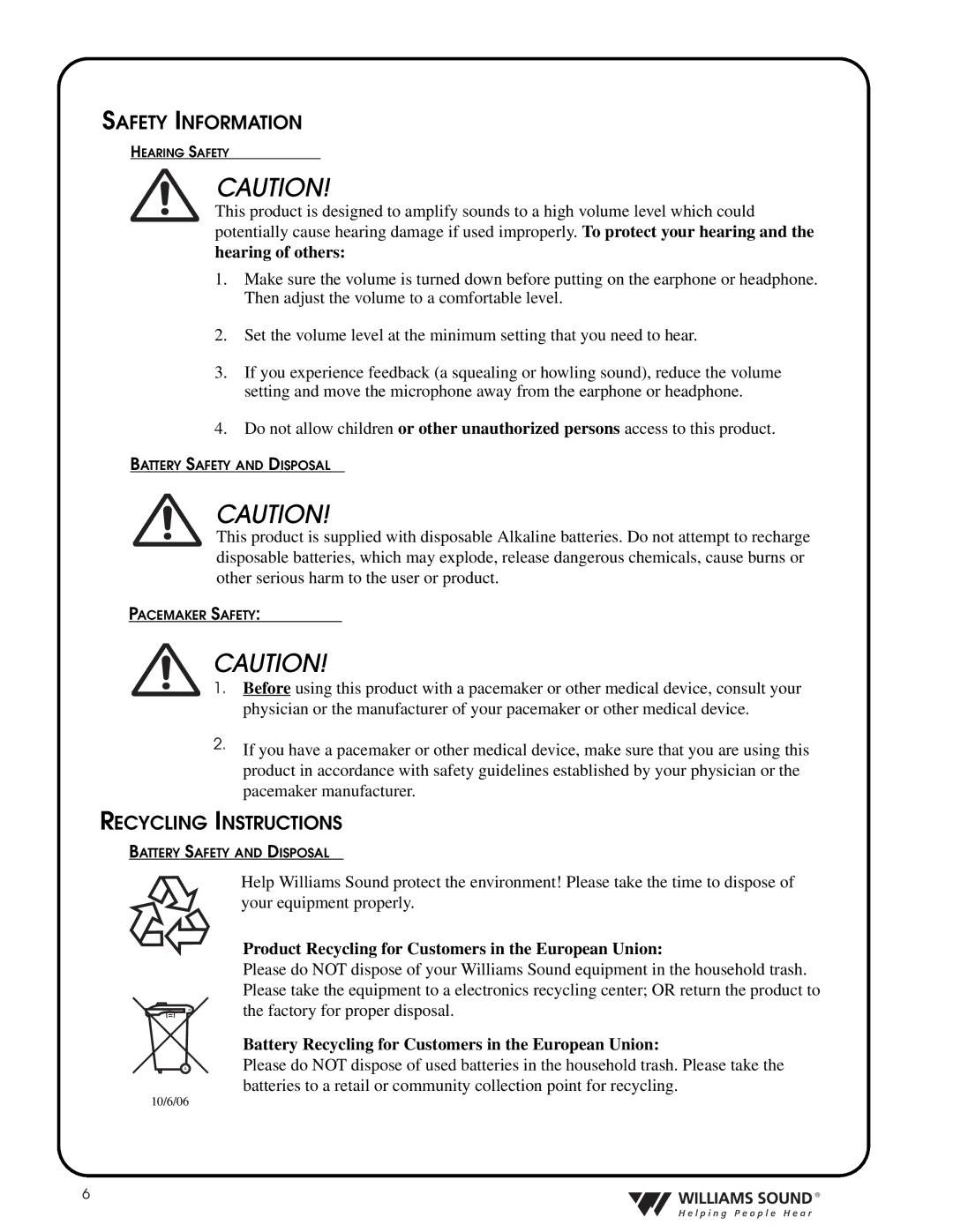 Williams Sound TGS PRO 720 system manual Safety Information, Recycling Instructions 