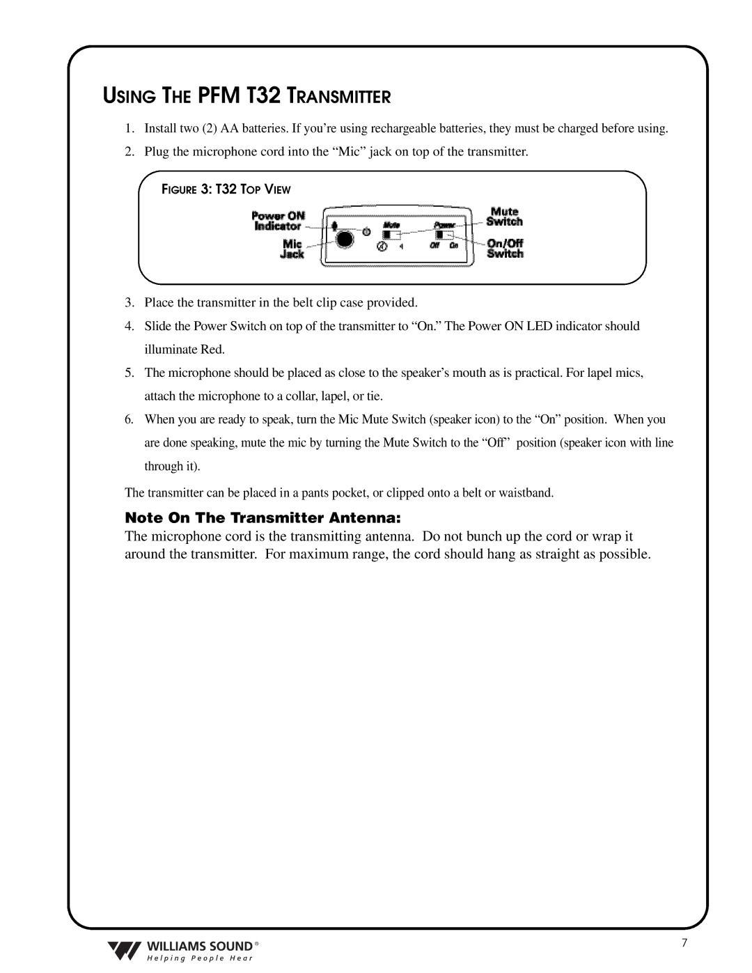 Williams Sound TGS PRO 720 system manual Using the PFM T32 Transmitter, T32 TOP View 