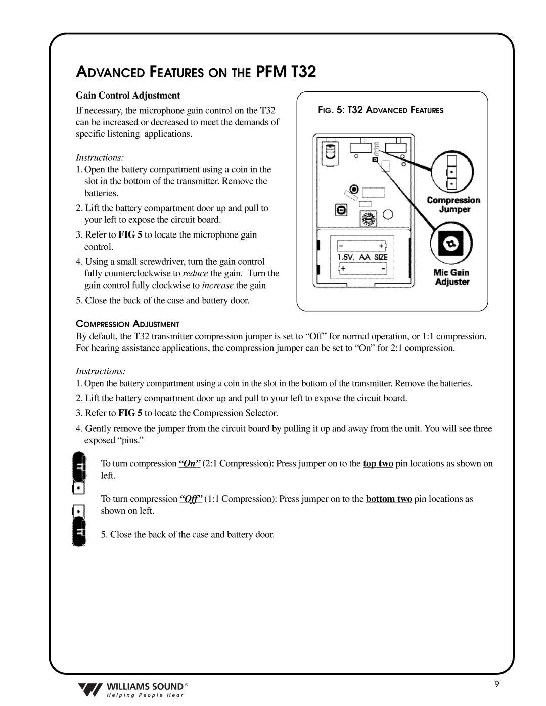 Williams Sound TGS PRO 720 system manual Advanced Features on the PFM T32, Gain Control Adjustment 