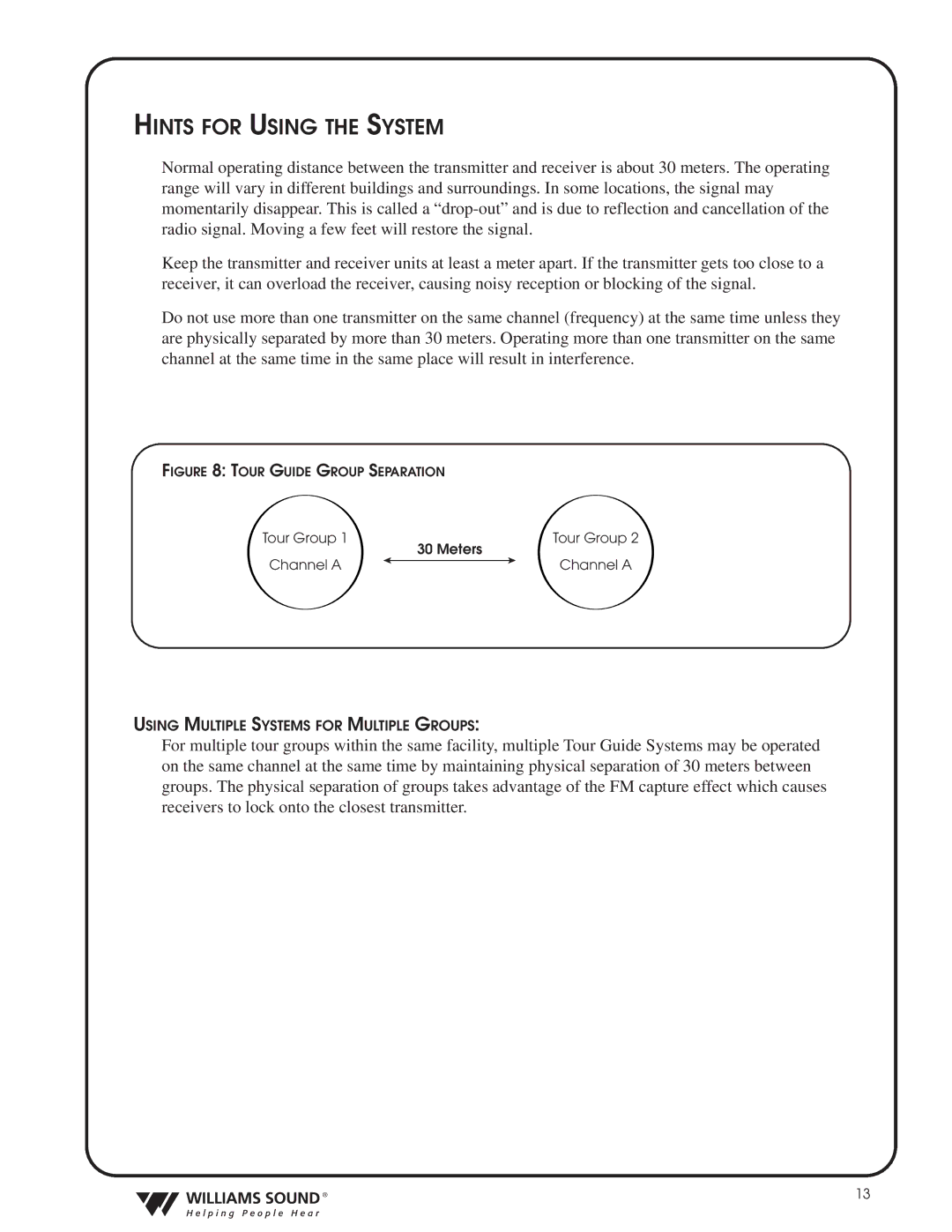 Williams Sound TGS PRO 720 system manual Hints for Using the System, Tour Guide Group Separation 