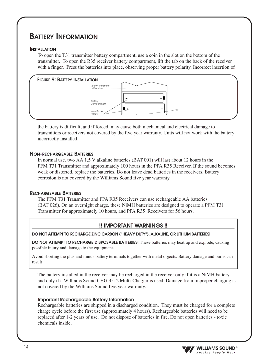 Williams Sound TGS PRO 720 system manual Battery Information, Important Warnings 