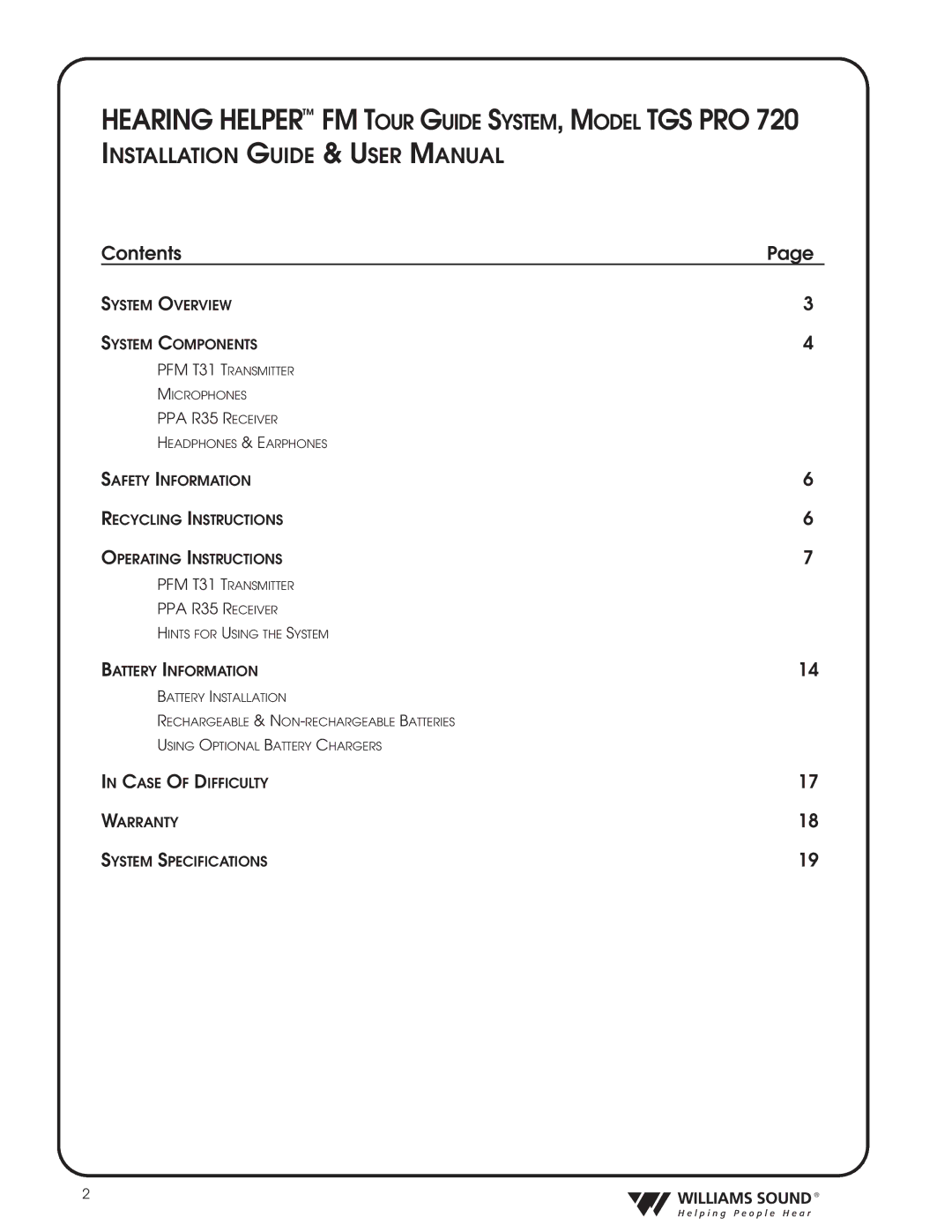 Williams Sound TGS PRO 720 system manual Hearing Helper FM Tour Guide SYSTEM, Model TGS PRO 