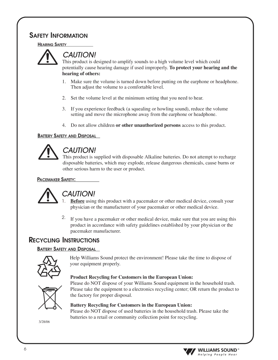 Williams Sound TGS PRO 720 system manual Safety Information, Recycling Instructions 