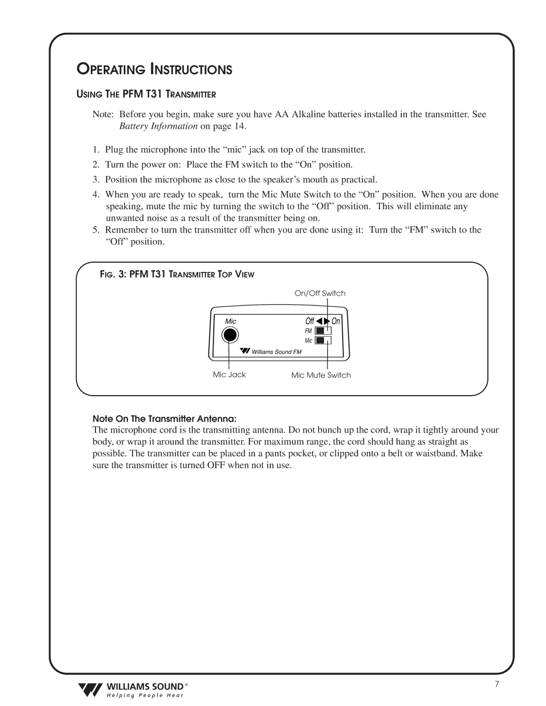 Williams Sound TGS PRO 720 system manual Operating Instructions, PFM T31 Transmitter TOP View 