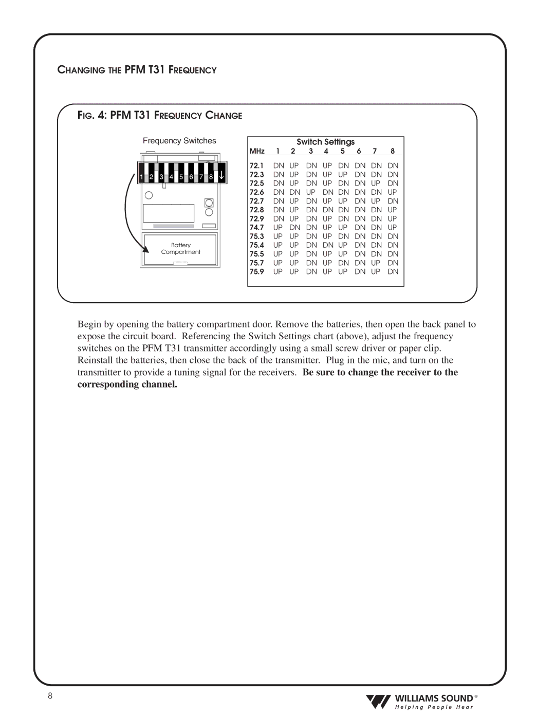 Williams Sound TGS PRO 720 system manual PFM T31 Frequency Change 