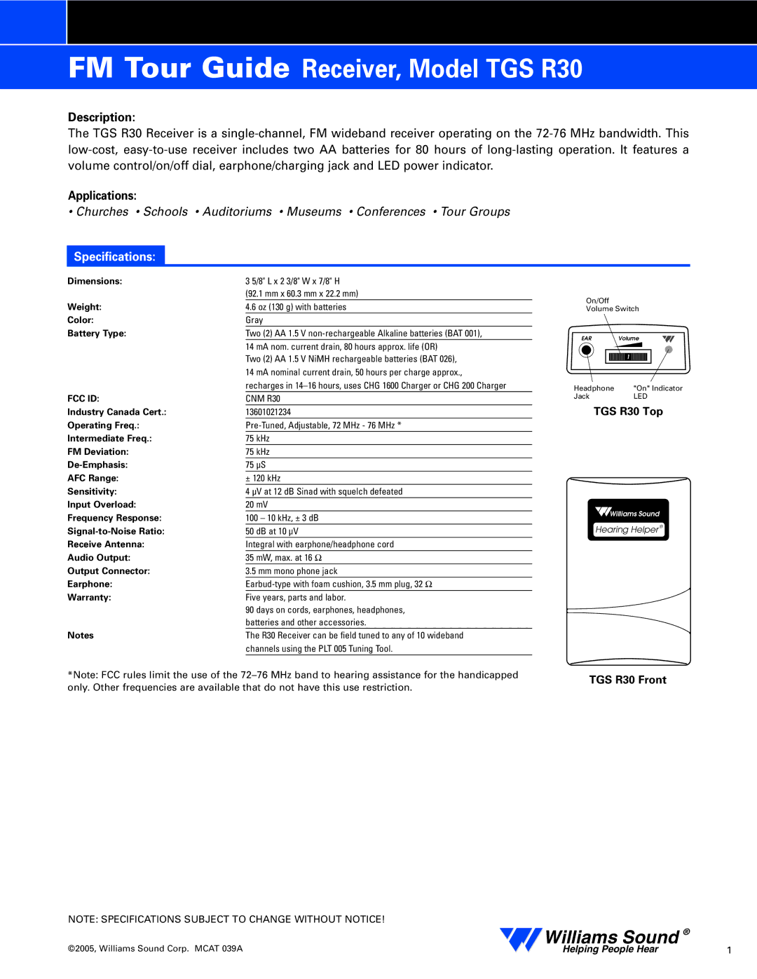 Williams Sound TGS R30 specifications Description, Applications, Specifications 