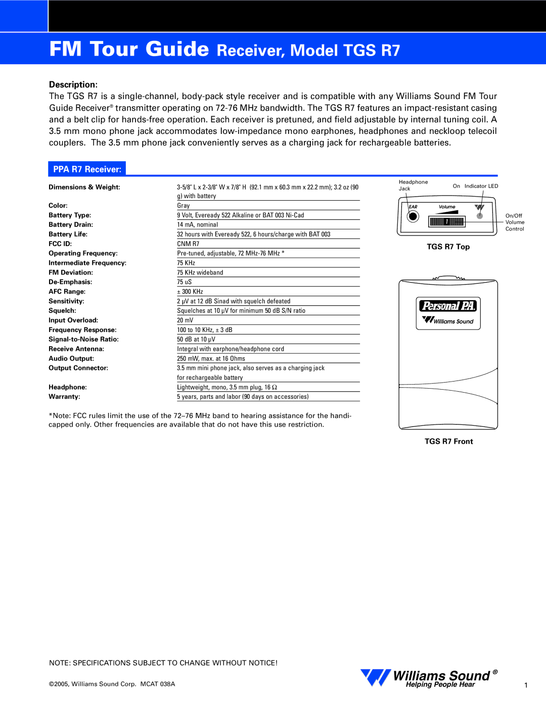 Williams Sound TGS R7 specifications Description, PPA R7 Receiver 