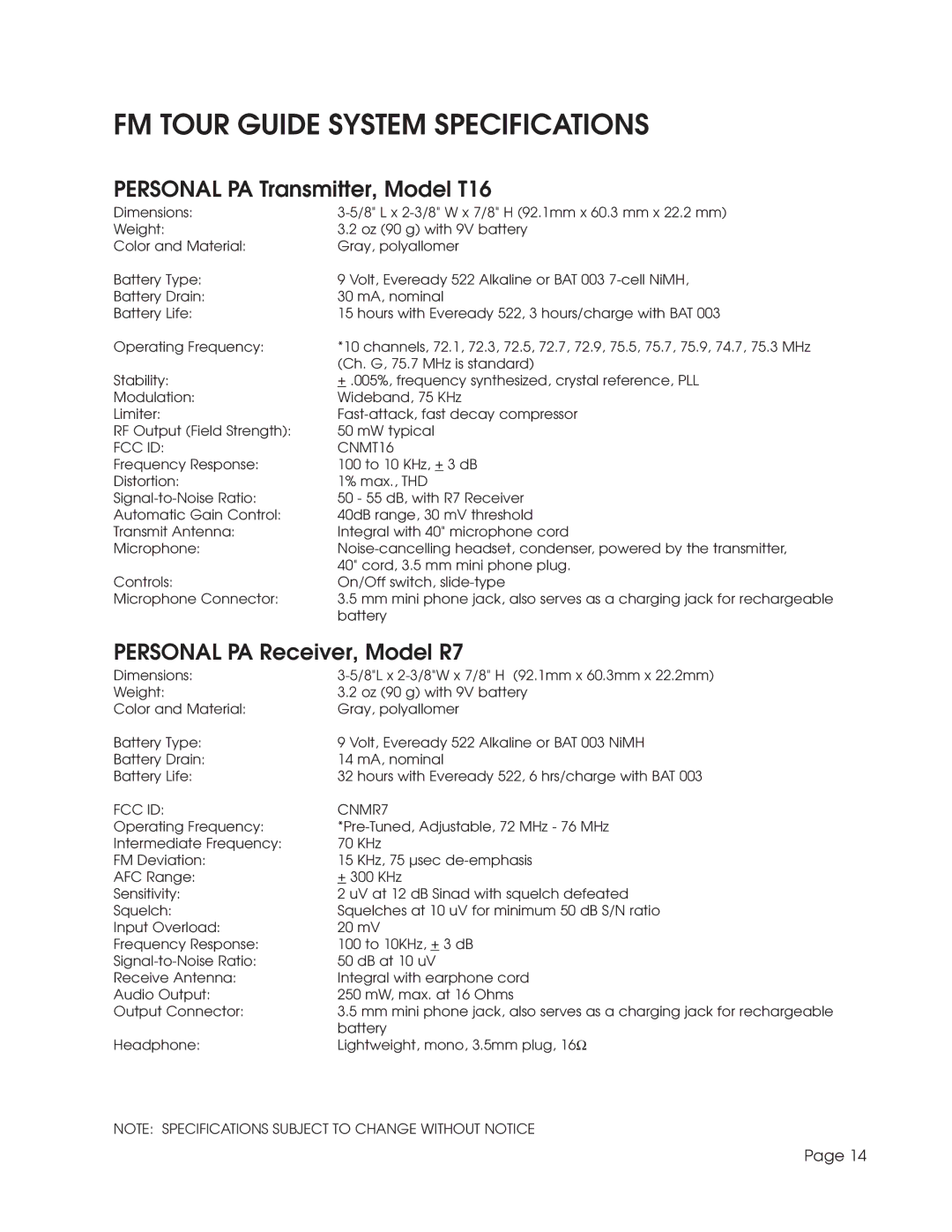 Williams Sound TGS SYS A manual FM Tour Guide System Specifications 