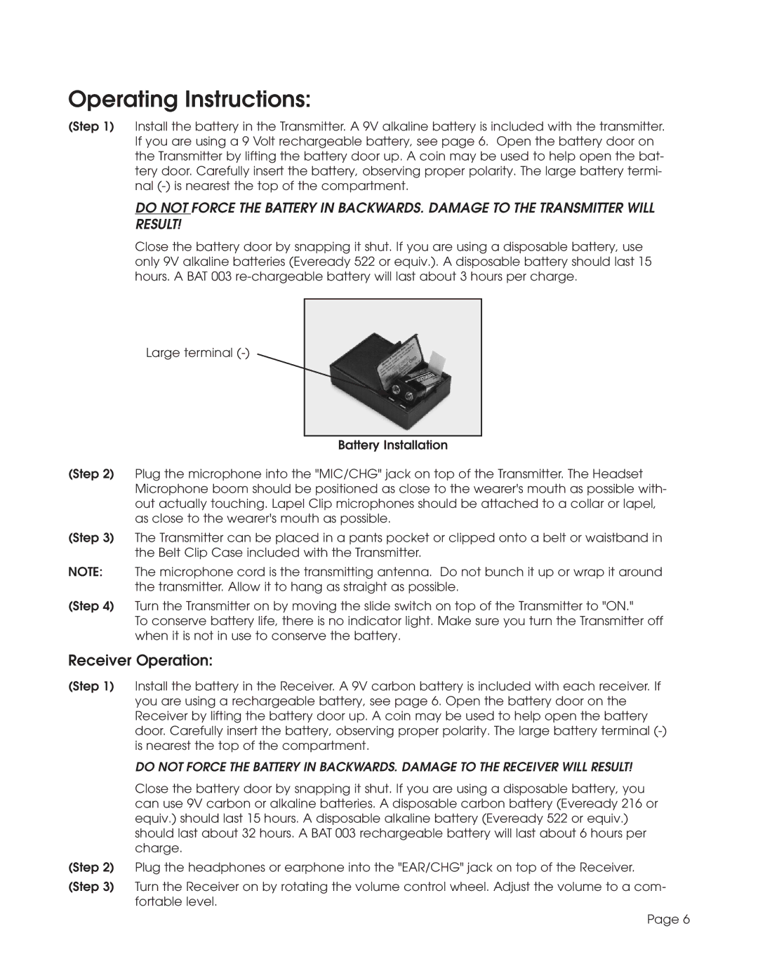 Williams Sound TGS SYS A manual Operating Instructions, Receiver Operation 